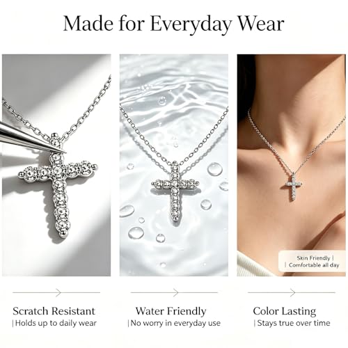 Stainless steel Cubic Zirconia Cross Necklace for Women Pendant with Chain 16"/18"+2" Perfect Jewelry Gifts for Birthday Christmas Mothers Day Wedding - size: 16+2 inches, style: Silver Cross