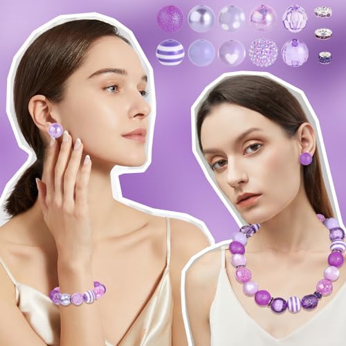 35 Pcs Chunky Bubblegum Beads 20mm Focal Pen Large Rhinestone Pearl Bead with Rhinestone Large Hole European Spacer Bead for DIY Beadable Pen Jewelry Making Keychain Craft Making(Purple) - color: Purple