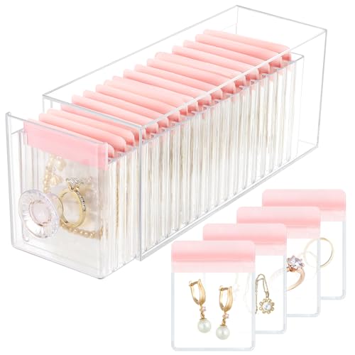 HOMEHIVE Clear Acrylic Jewelry Organizer Box with 20 Portable Pouches, Jewelry Storage Case for Women Girls, Tangle-Free, Anti-Tarnish, Compact Storage for Necklaces/Earrings/Rings, Upgraded Pink - color: Upgraded Pink