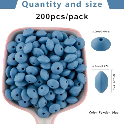 Sunrony 200Pcs Silicone Lentil Beads for Keychain Making, Bulk 12mm Silicone Abacus Spacer Beads for Necklace Bracelet Making Pens(Powder Blue) - color: G-Powder blue