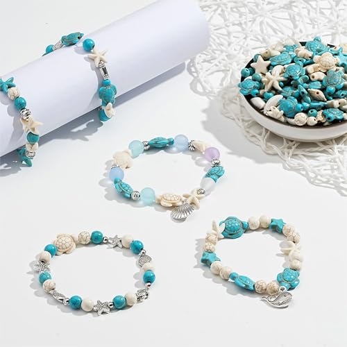 344Pcs Turquoise Sea Turtle Beads Blue and White Starfish Beads Tortoise Turtle Charms Summer Beach Animal Spacer Bead Shell Bead for Jewelry Making DIY Bracelet Necklace (8 Strings) - color: Blue and White