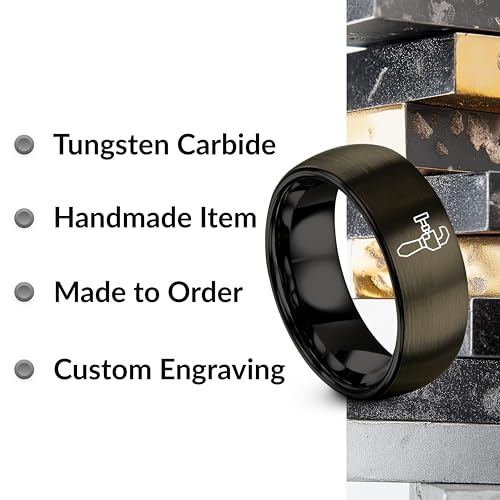 Chain Tool Ring - Gift for Cyclist - 8mm - Band - Gunmetal Black Silver - Personalized Custom Engraving - Men Women - Anniversary Engagement Wedding - Tungsten Carbide - Flat Dome Bevel - color: 06 - Gunmetal Black Tungsten