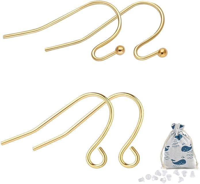 14K Gold Earring Hooks Real Hypoallergenic 100Pcs Ball Dot Ear Wires + Fish Hooks Jewelry Making Supplies Findings with 100Pcs Clear Rubber Earring Backs for DIY Jewely - color: 100pcs gold