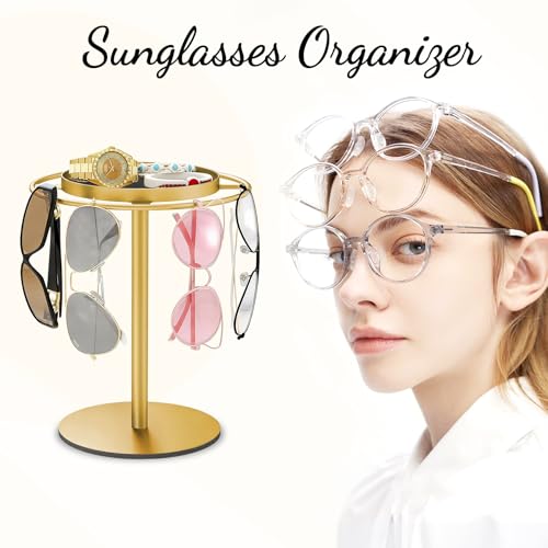 LSK Metal Sunglasses Organizer, Glasses Holder Stand with Storgae Tray, Eyeglasses Holder with Anti-Slip Pads for Tabletop, Desk, Dresser, Gold