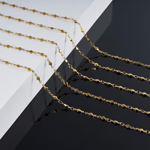 KYUNHOO 13 Feet Rhombus Link Necklace Chains Bulk on Spool Solid Stainless Steel Gold Chain for Jewelry Making with Jump Rings and Lobster Clasps - color: Rhombic Gold