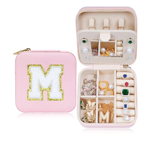 ETHOON Jewelry Travel Case Small Organizer Stocking Box Personalized Gifts Teenage Jewelry Accessories Holiday Christmas Gift for Women Pink Mirror, Letter M - color: Pink M