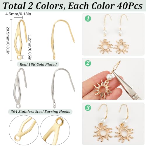 SUNNYCLUE 1 Box 80Pcs French Hook Ear Wires Stainless Steel Earring Hooks Metal 18K Gold Plated Silver Wide Fishing Earrings Wire Hook with Vertical Loop for Jewelry Making Findings DIY Crafts Women - style: Teardrop 2