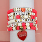 6PCS Valentine’s Day Clay Heishi Bracelet Set for Women- Red Pink Heart Love KISS XOXO Beaded Stretch Bracelets - Handmade Polymer Clay Crystal Glass Stackable Jewelry Gift for Galentine's Anniversary - color: LOVE-06
