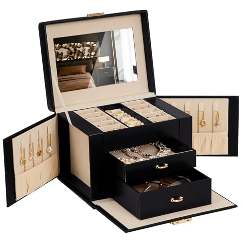 Homde Mothers Day Gifts Girls Jewelry Box with Lock: 3 Layer Organizer with Mirror - Necklace Ring Earring Storage for Dresser - Women Gifts for Birthday & Return (Black) - color: Black