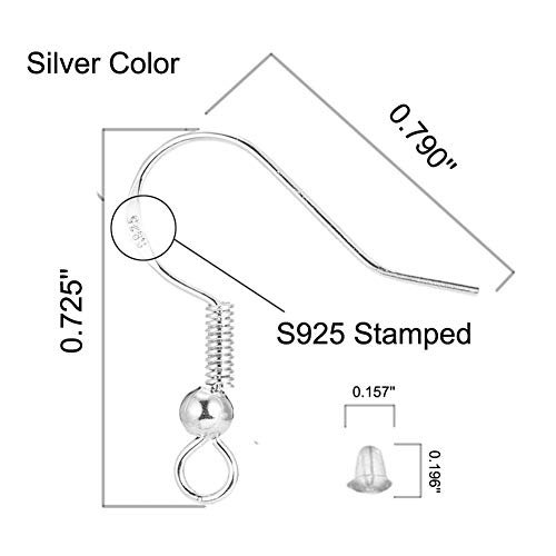 Silver Hypo-allergenic Earring Hooks - 120 Pcs /60 Pairs S925 Sterling Silver Plated Ear Wires Fish Hooks for Jewelry Making, Jewelry Findings Parts with Rubber Earring Backs Stopper for DIY Earrings - color: Regular Silver 1