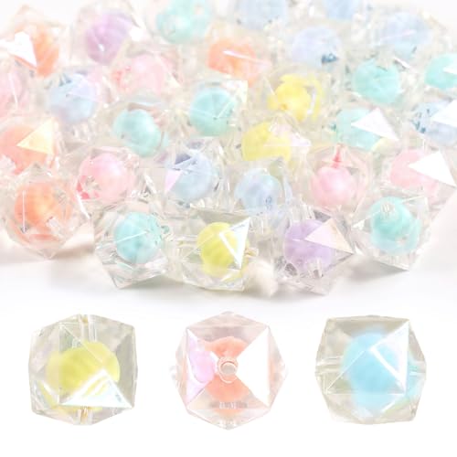 15Pcs Acrylic Square Polygonal Beads 16mm UV Bead in Bead Fit for DIY Jewelry Bracelet Necklace Keychain Beadable Pens Mobile Phone Chain Making Cute (Faceted Bead in Bead) - color: Faceted Bead in Bead