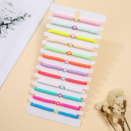 COLORFUL BLING 5-12Pcs Bohemian Love Heart Bead Bracelets for Women Vinyl Disc Heishi Surfer Stackable Stretch Bracelet Summer Beach Boho Jewelry - color: 12pcs round heart
