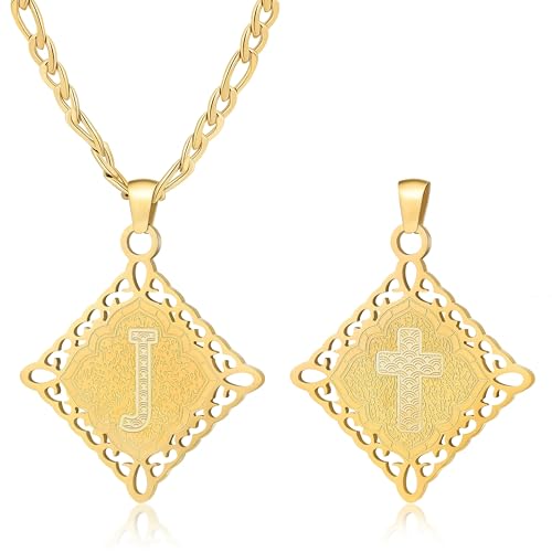 LETFLY Initial Necklaces for Women Men, 18K Gold Plated Letter Cross Pendant Necklace Alphabets A-Z Figaro Chain Jewelry Gifts - color: Rhombic, style: Letter J