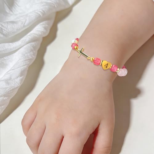Birthday Number Cross Bracelet for Girls Ages 1-8, Strawberry Quartz & Pearl Beaded Bracelet with Gold-tone Cross & Heart Number, Adjustable Clasp Bracelet, Silver Gift Box - style: 8TH