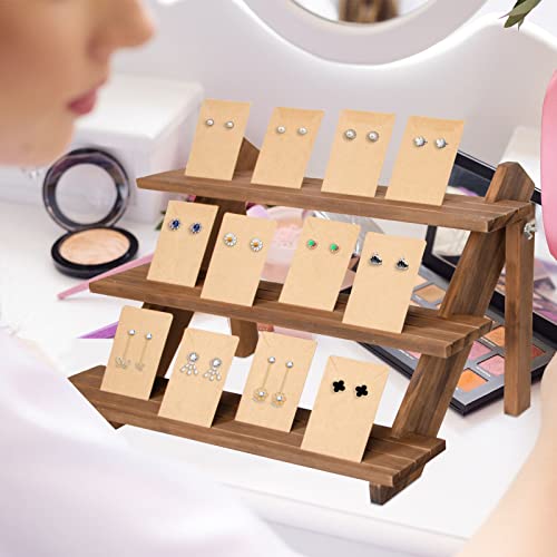 ZYP 51pcs 3-Tier Wood Earring Display Stand, Retail Jewelry Card Stand with Groove + 50 Cards Portable Ring Organizer Holder Showcase Racks for Business Home Using - color: Wood