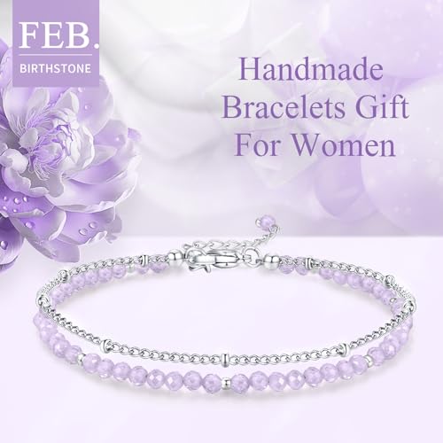 Peridot Stand Silver Gold Bracelets, Handmade Birthstone Stack Bracelet Crystal Gemstones Bead Chain Gift for Women, 8" - color: Silver-02-Feb Amethyst