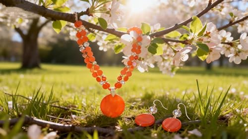 Layered Beads Statement Fashion Necklace Chunky Jewelry Set Big Colorful Glass Stone Circle Shell Pendant Choker Necklace and Earring Set for Women - color: Orange