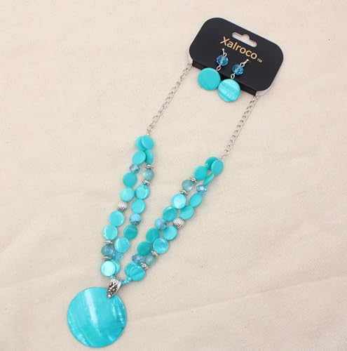 Layered Beads Statement Fashion Necklace Chunky Jewelry Set Big Colorful Glass Stone Circle Shell Pendant Choker Necklace and Earring Set for Women - color: Turquoise
