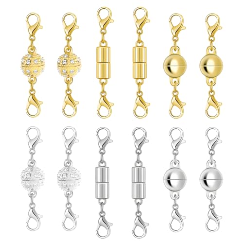 Magnetic Necklace Clasps and Closures with Lobster Clasp, Gold & Silver Magnetic Jewelry Clasps Helper for Necklace Extender, Bracelets and Jewelry - color: 3 Styles | 12Pcs_Diamond & Balls