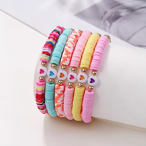 COLORFUL BLING 5-12Pcs Bohemian Love Heart Bead Bracelets for Women Vinyl Disc Heishi Surfer Stackable Stretch Bracelet Summer Beach Boho Jewelry - color: 6pcs mix