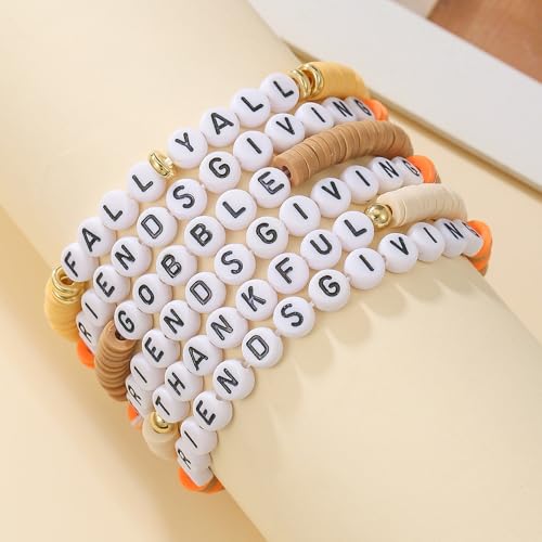 Thanksgiving Stackable Bracelet for Women Set Colorful Beads Rubber Ring Elastic Layering Letter Disc Maple Leaf Pendant Clay Stretch Fall Bracelets Fall Costume Bracelet Jewelry for Women - style: Style2
