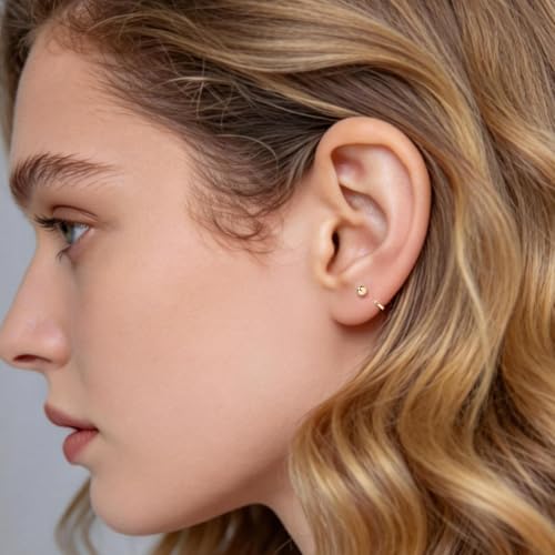 925 Sterling Silver 14K Gold Plated Huggie Half Hoop Earrings — Sleep-Friendly Poke-Free Hypoallergenic Stackable Earring — Comfortable & All Day Wear - color: Ball-Yellow Gold