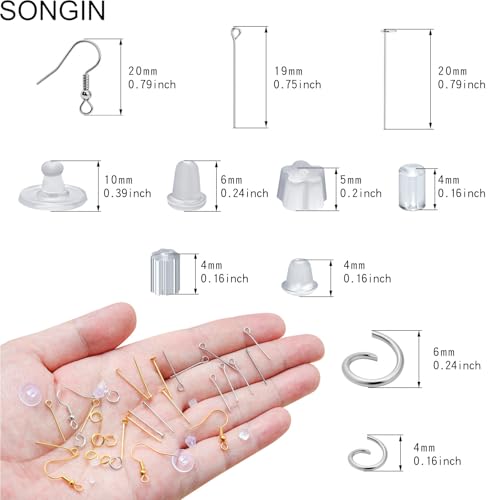 SONGIN Earring Making Kit, 1100 Pcs Jewellery Findings Earring Making Supplies Kit with Ear Hooks Posts Pins Open Jump Rings and 6 Styles Ear Backs (Silver) - color: Silver