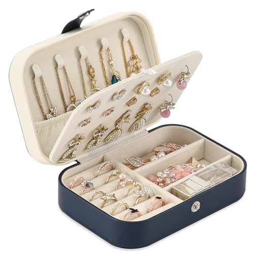 Travel Jewelry Box, PU leather Small Jewelry Organizer For Female Girls, double layer portable mini travel case for storing earrings, rings, necklaces.(dark blue) - color: dark blue