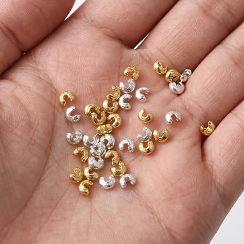 Ouligay 800PCS 4mm Mini Crimp Beads for Jewelry Making Crimp Bead Covers Half Round Open Crimping Bead Knot Covers for DIY Jewelry Craft Making Jump Rings with Transparent Box Gold and Sliver