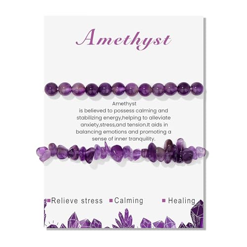 Healing Crystal Bracelets for Women 2 PCS 6mm Natural Stone Bracelet Stretch Crystal Beaded Bracelets Handmade Gemstone Bracelet Jewelry Gifts Christmas Gifts for Women Girls - style: amethyst