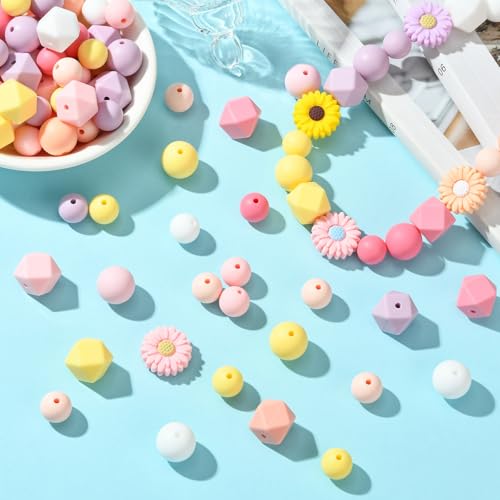 LiQunSweet 110 pcs Spring Theme Daisy Flower Focal Silicone Beads Round Hexagon Shape Silicone Beads for Keychain Making DIY Beadable Pens Jewelry Making Bracelets - color: Hexagon Round Daisy Beads_110 Pcs