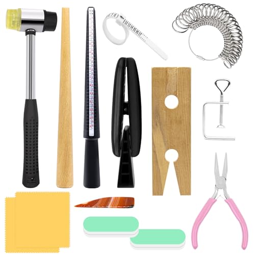 Yauhar 14Pcs Jewelry Making Tool Set Contains Flat Nose Jewelry Pliers, V-Slot Bench Pin Clamp, Wood Ring Mandrel Shaper, Rings Size Measuring Tools, Mallet Hammer, Steel Ring Sizing Gauge Sizers