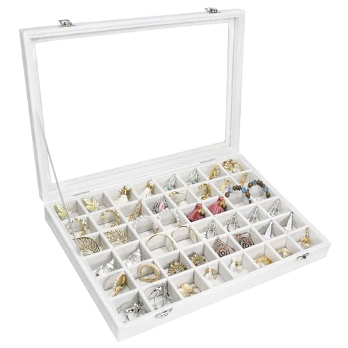 Siveit Velvet Jewelry Tray 48 Grid Jewelry Display Tray Organizer Box with Transparent Lid Rings Earrings Necklaces Pendants Display Box Suitable for Women and Girls (Ivory) - color: Ivory