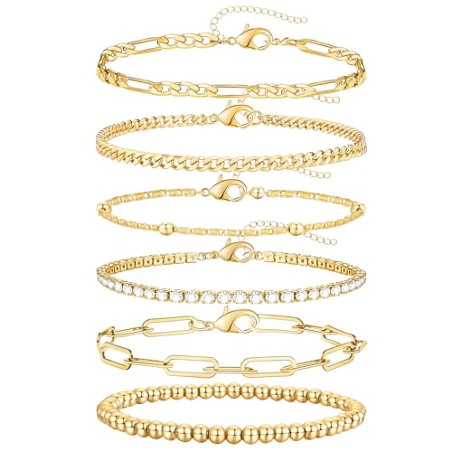 adoyi Gold Bracelets for Women, 14K Gold Plated Stackable Bracelet Stack Set Adjustable Charm Paperclip Chain Cuban Link Layered Waterproof Jewelry Sets Gifts for Womens - color: Gold 6.5 IN General Wrist