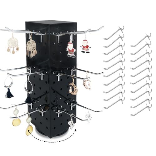 Rotating Pegboard Stand with 20 Peg Hooks 4-Sided Pegboard Spinning Display Stand 4 x 4 x 12 Inches, Keychain Display Stand for Retail Display, Earring Display (Black) - color: Black