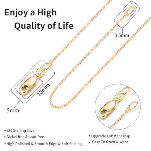Jewlpire 18k Gold Plated 925 Sterling Silver Chain Necklace for Women, 1.1mm Cable Chains Necklace Thin & Dainty & Sturdy Women's Chain Necklaces, 14/16/17/18/20/22/24 Inches - color: 18K Gold Plated, size: 24 Inch