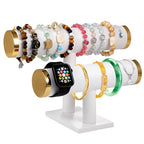 Two-layer T-shaped jewelry organizer, made of textured PU leather, suitable for displaying and organizing bracelets, bangles, and watches. (White and gold) - color: White faux leather