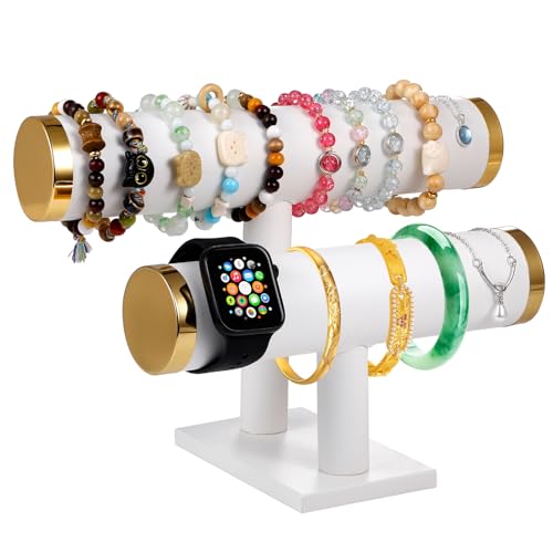 Two-layer T-shaped jewelry organizer, made of textured PU leather, suitable for displaying and organizing bracelets, bangles, and watches. (White and gold) - color: White faux leather