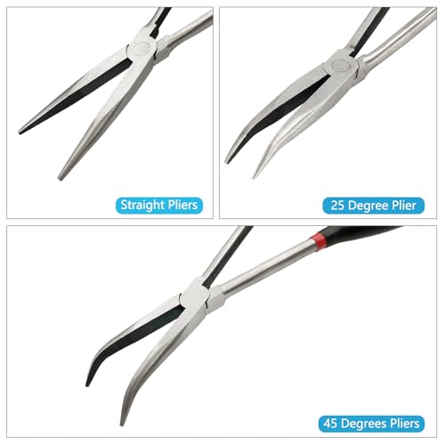 3-Piece 11" Precision Long Nose Pliers Set with Insulated Comfort Grip Handles,Straight Long Needle Nose Pliers,25/45 Degree Angle Curved Pliers for Wire Bending,Shaping,Trimming - size: 3pcs-Straight/25/45