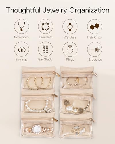 VLANDO Travel Jewelry Case,Travel Jewelry Organize with 6 Velvet Jewelry Zipper Pockets,Premium Petal Hardware Jewelry Case for Birthday Wedding Graduation Gifts-Baby Blue - color: 6PCS-Baby Blue