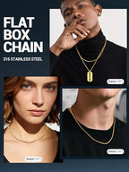 PROSTEEL Stylish Stainless Steel Flat Box Link Chain Necklace for Men, Silver/Gold/Black Tone, Hypoallergenic Jewelry, 14"-30", Come with Box - size: 26 inch(66cm), style: 2mm-Luxury Gold