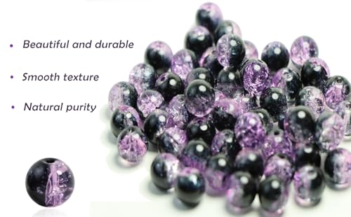 100Pcs 10mm Crackle Glass Beads for Jewelry Making - Round Spacer Crystal Beads Bulk, DIY Craft Supplies for Necklace Bracelet Earrings (Purple Black) - color: Purple Black