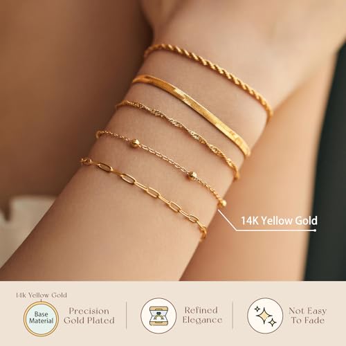 adoyi Gold Bracelets for Women, 14K Gold Plated Stackable Bracelet Stack Set Adjustable Charm Paperclip Chain Cuban Link Layered Waterproof Jewelry Sets Gifts for Womens - color: 5PCS Gold 6.5 IN General Wrist