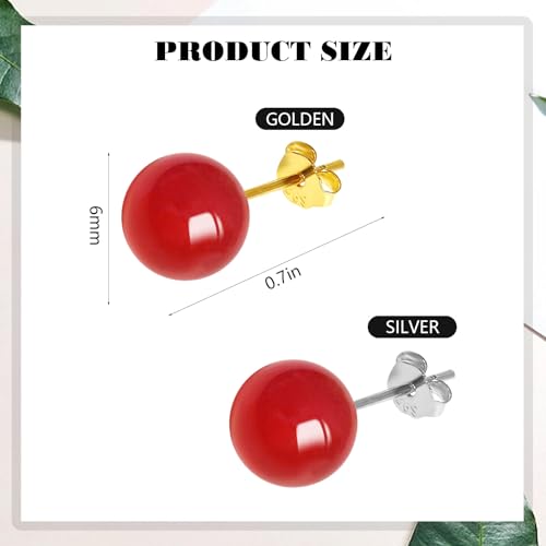 Jade Green Stud Earrings, Natural Round Beaded Agate Emerald Garnet Obsidian Gemstone Ear Studs Ball Jade Jewelry Gift, Green 8mm - color: red-6mm