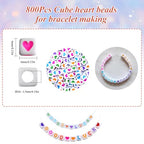 800Pcs Square Heart Beads, 6X6mm White and Colorful Heart Beads for Friendship Bracelets Making - color: Colorful Heart White Beads