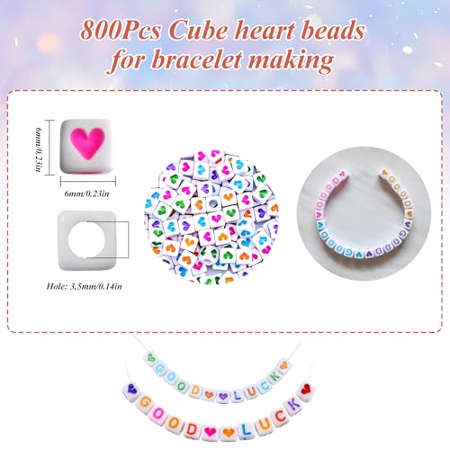 800Pcs Square Heart Beads, 6X6mm White and Colorful Heart Beads for Friendship Bracelets Making - color: Colorful Heart White Beads
