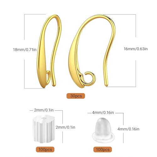 18K Gold Plated Earring Hooks, 230PCS Earring Findings with Earring Backs for Jewelry Making Hypoallergenic Ear Wires Fish Hook for DIY Earrings Bulk Pack - color: 18K Gold-Big Earing Hooks