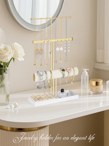 3-Tier Jewelry Stand Jewelry Organizer, Gold Necklace & Bracelet Organizer with Velvet Ring Tray, Sturdy Jewelry Holder for Earrings, Cute & Aesthetic Jewelry Display Tower – Gift for Women