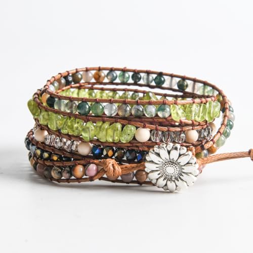 YGLINE Women Boho Handmade Natural Stone Crystal Leather Bead Wrap Bracelets Collection - color: Rhodochrosite-5w