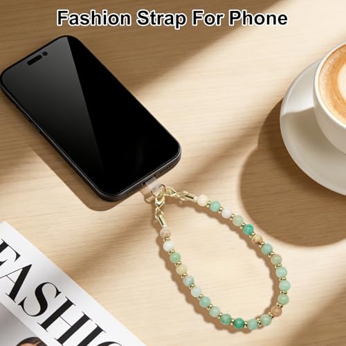 TEAMOLA Natural Stone Phone Charm, Handmade Crystal Cellphone Chain for Universal, Beaded Healing Anti Theft Phone Wrist Strap with Tether Tab, Amazonite - color: Green & Blue